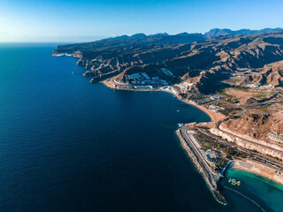 Fototapeta premium Aerial view of the Amadores beach on the Gran Canaria island in Spain. The most beautiful beach on the Canary islands.