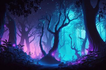 Fototapeta na wymiar Fairy forest at night, fantasy neon glowing flowers and lights. (ai generated)