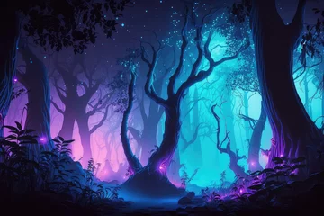 Keuken foto achterwand Sprookjesbos Fairy forest at night, fantasy neon glowing flowers and lights. (ai generated)