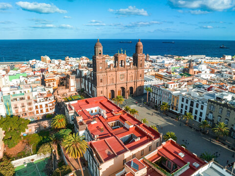 Landscape with Cathedral Santa Ana Vegueta in Las Palmas, Gran Canaria, Canary Islands, Spain. Aerial sunset view of the Las Palmas city.