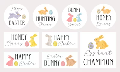 Deurstickers Easter badges and labels vector design elements set with cute bunnies and eggs. Lettering Happy Easter, Eggs hunt, Happy Easter. © Yana