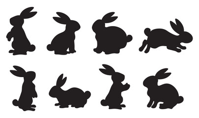 Cute bunny silhouette. Black rabbit silhouette in different poses. Vector illustration isolated on white.