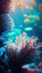 Coral reef at bottom of tropical sea made with Generative AI.