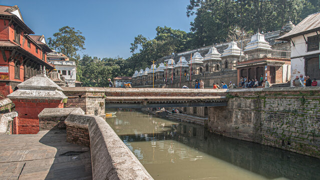View of Pashupatinath Temle, a Hindu temple dedicated to Lord Pashupati, along Bagmati river, Kathmandu, Nepal.