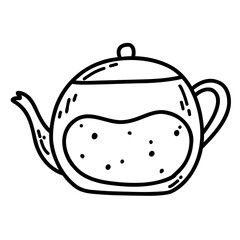Hand drawn doodle teapot with coffee or tea. Vector illustration of kitchenware, kettle icon