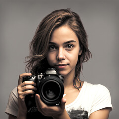 Young woman photographer holding digital camera created using Generative AI. - obrazy, fototapety, plakaty