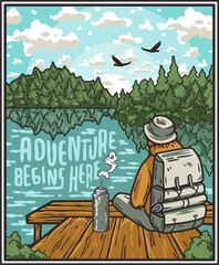 Wonderer or backpack traveler nature explorer man. Outdoor adventres and activities. Camping poster or print