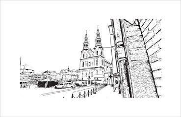 Building view with landmark of  Poznan Poland. Hand drawn sketch illustration in vector.