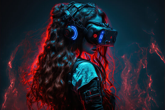 Young Girls Using Virtual Reality Headsets, Gadgets, And Technology Concepts,  Generative Ai,