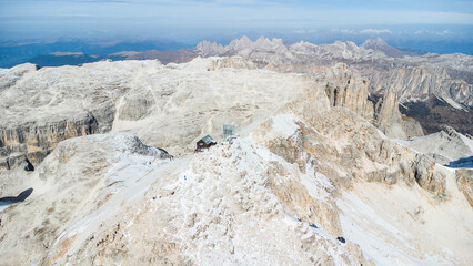 Impressive rock walls in the Dolomiti mountains in Italy, located near the Sass Pordoi mountain