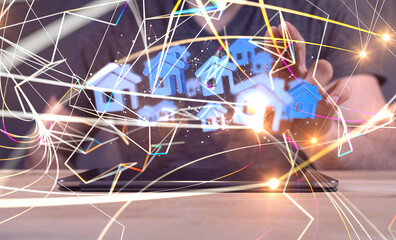 home data. Digital cyberspace with particles and Digital data network connections concept.