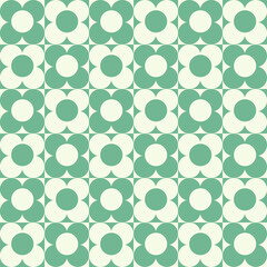 vintage two colored seamless pattern. grid arrangement, geometric stylized flowers, squares and circles, 60s, 70s. surface design, fabric, paper, stationery, card, banner, textile	