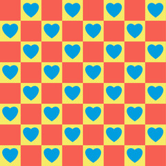 Color red, yellow  squares in a checkerboard pattern. Abstract&nbsp;&nbsp;checkered&nbsp; background.Checkerboard with blue hearts chessboard&nbsp;seamless pattern