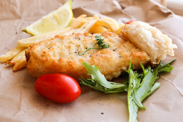 Battered fried hake and hot chips 