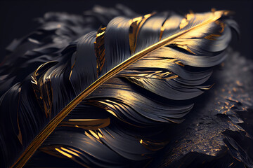 Luxury gilded gold golden Black swan Feather, on black background. Luxus Wallpaper design created with Generative AI