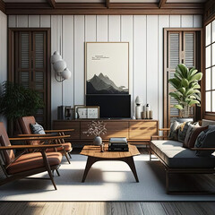 Asian-inspired mid century living room Interior Design - AI Generated