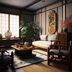 Asian-inspired mid century living room Interior Design - AI Generated