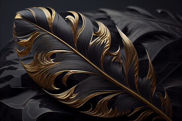Luxury gilded gold golden Black swan Feather, on black background. Luxus Wallpaper design created with Generative AI
