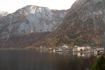 Hallstatt a hilly town with a lake in summer