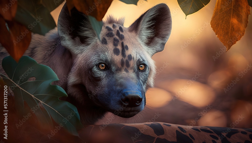 Poster a close up of a hyena in a tree with leaves on it's sides and a background of leaves and leaves with