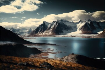 Fototapeta na wymiar snowy mountain peaks with lake open water generative ai render