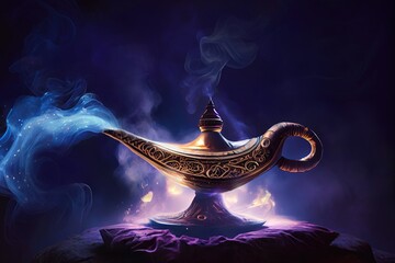 Genie's magic lamp emitting blue smoke standing on a red pillow - obrazy, fototapety, plakaty