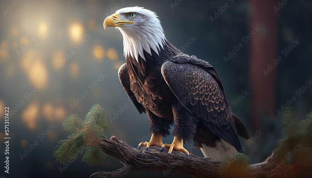 Poster  a bald eagle perched on a branch of a tree in a forest with a bright light shining on the background of the picture and the tree branch.  generative ai