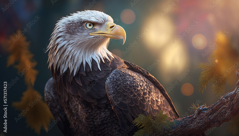Poster a bald eagle perched on a tree branch with a blurry background of leaves and branches in the foregro
