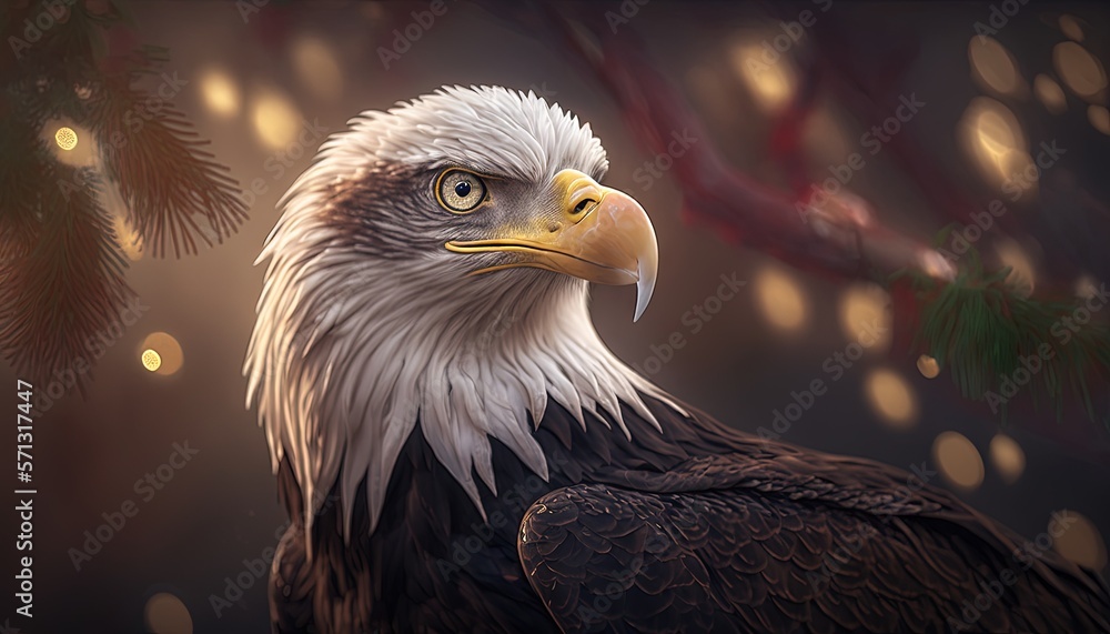 Poster  a bald eagle sitting in front of a pine tree with lights on it's branches and a branch of a tree in the background.  generative ai