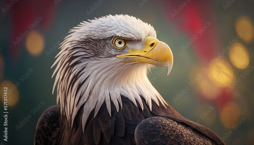 Poster  a close up of a bald eagle with a blurry background and boke of lights in the backgrouds of the image.  generative ai