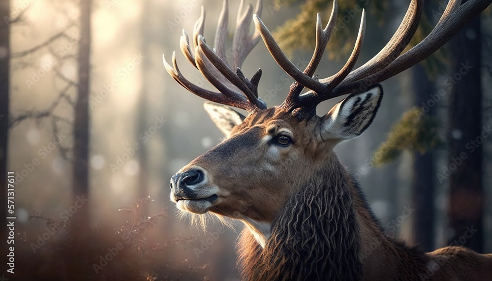 Poster a close up of a deer with antlers in a forest with sun shining through the trees and fog in the air 