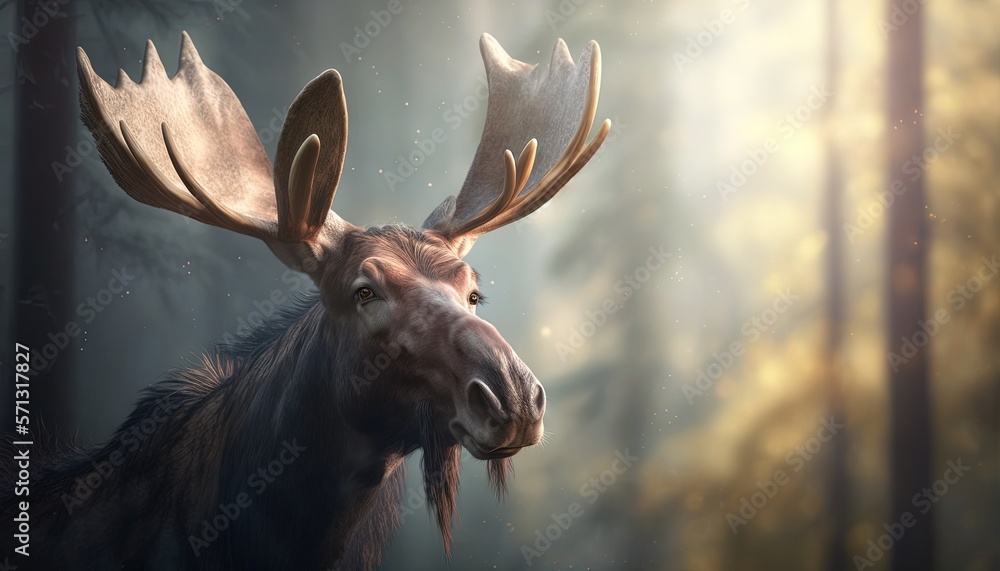 Poster a moose with large antlers standing in a forest with trees in the background and sunlight streaming 