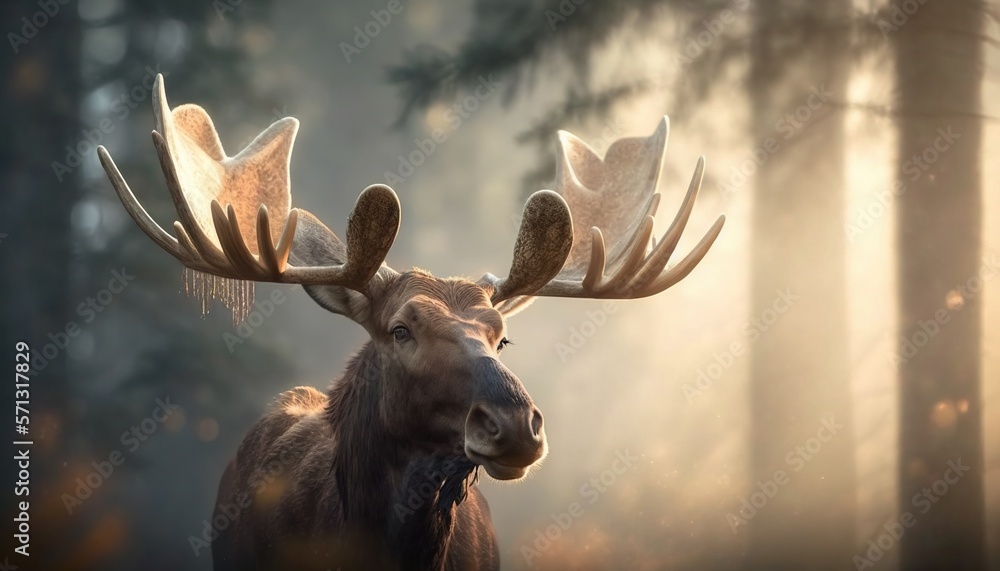 Poster a moose with large antlers standing in a forest at sunset or dawn with the sun shining through the t