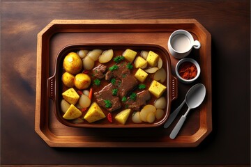 yummy delicious food of cooked potatoes with meat. generative ai Tray of stewed meat with potatoes.