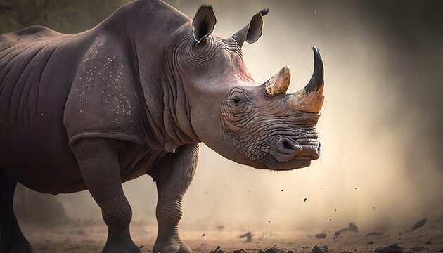  a rhinoceros standing in the dirt with its head turned to the side and it's nose slightly open and it's head slightly bent.  generative ai