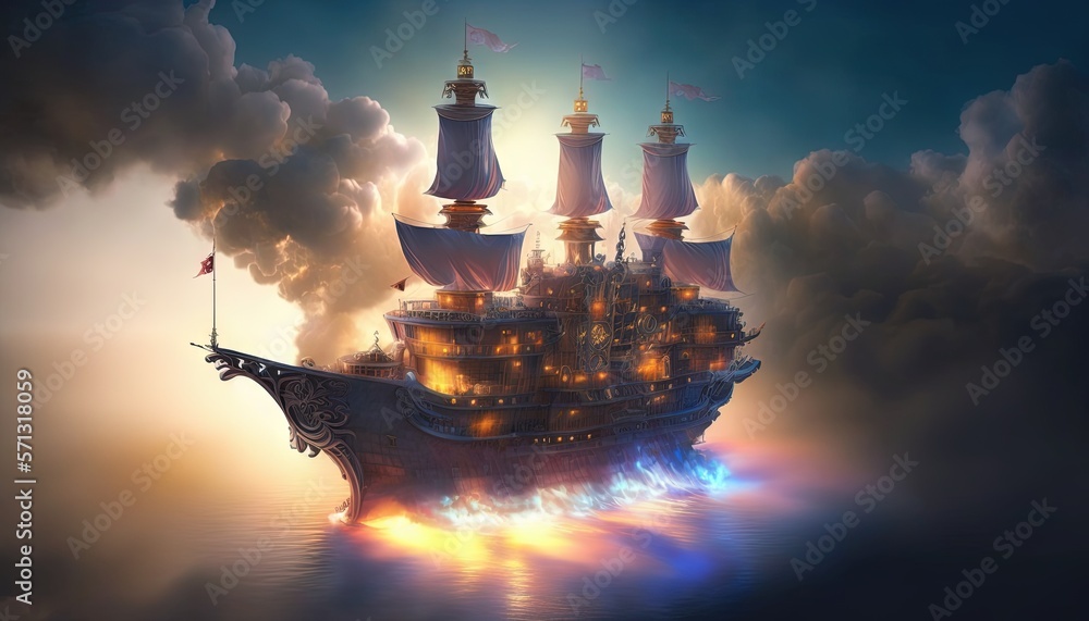 Poster a pirate ship floating in the ocean surrounded by smoke and fogs with a flag on it's mast and a flag