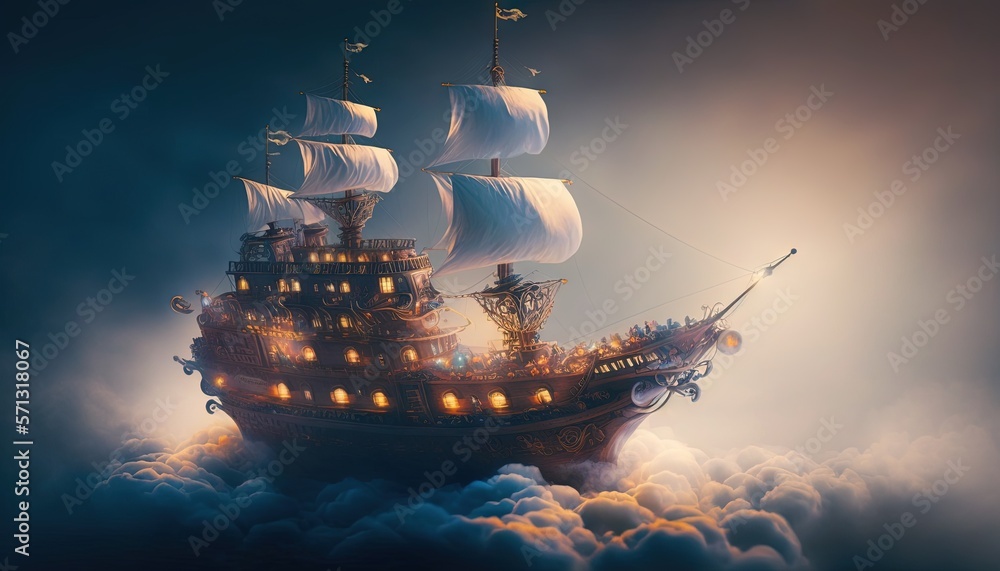 Poster a pirate ship floating in the air with lights on it's sails and lights on its sails are glowing in t