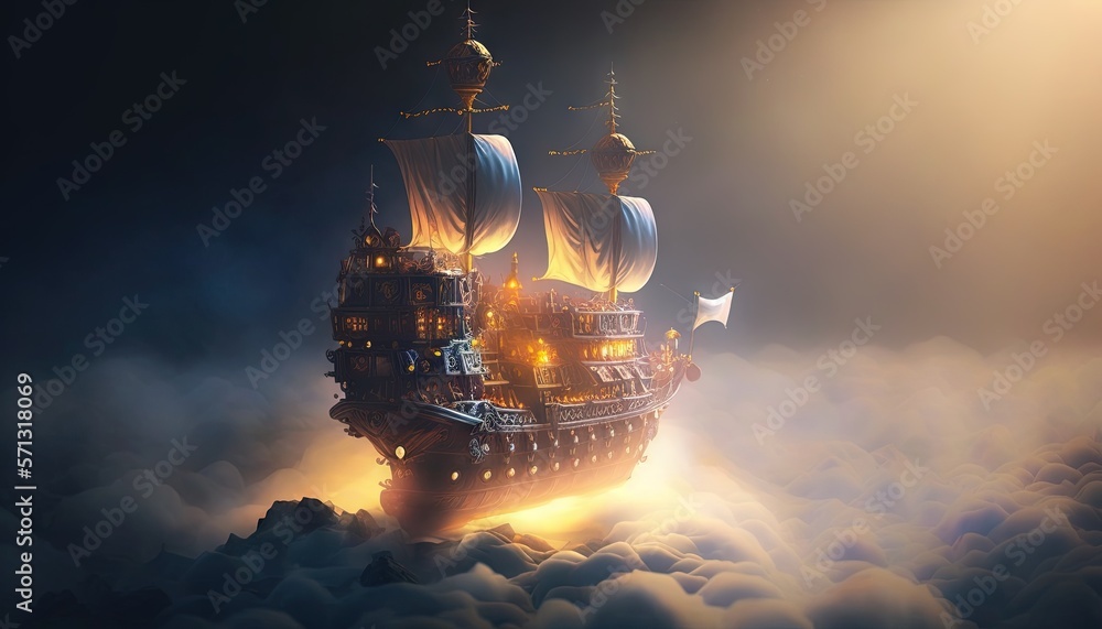 Poster a pirate ship floating in the sky with a lot of smoke and fog around it and a star on top of the shi