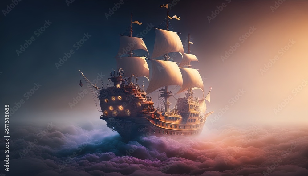 Poster a pirate ship floating in the ocean with a lot of sails on it's sails and lights on the sails and on