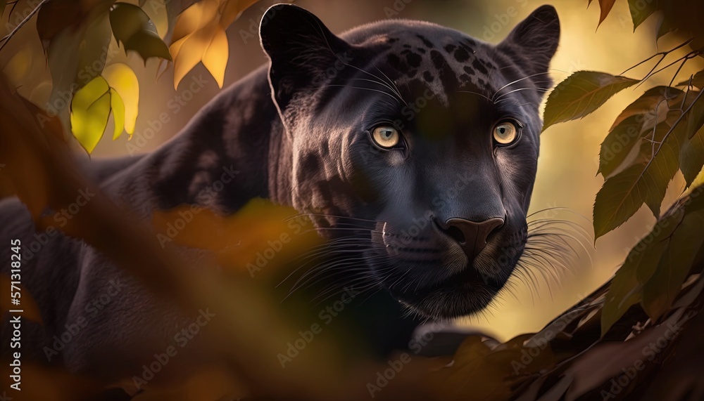 Poster a black leopard with yellow eyes looking out from behind a tree with leaves on the branches of a tre