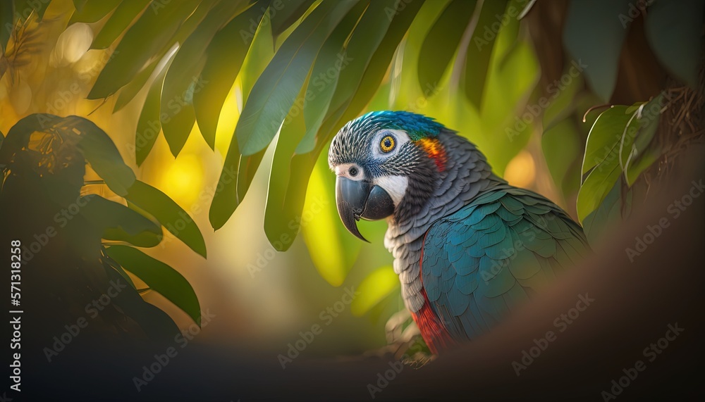 Poster a colorful parrot sitting on a tree branch in a forest with leaves in the foreground and a blurred b