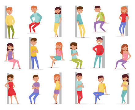 Cheerful People Characters Leaned Against the Wall and Sitting Big Vector Set