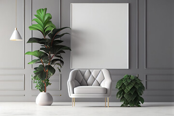 Interior frame living room with gray velvet armchair, hanging lamp, and plants on empty white texture wall background. A blank wall with a vertical poster. Generative AI.
