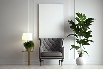 Interior frame living room with gray velvet armchair, hanging lamp, and plants. A blank wall with a vertical poster. Generative AI.