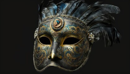  a mask with feathers on it is shown in a black background with a black background and a black background with a black background and a gold mask with a.  generative ai