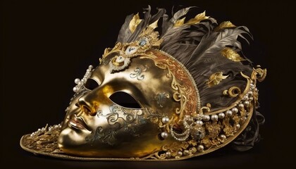  a golden mask with feathers and jewels on it's face, against a black background, with a black background and a black background.  generative ai