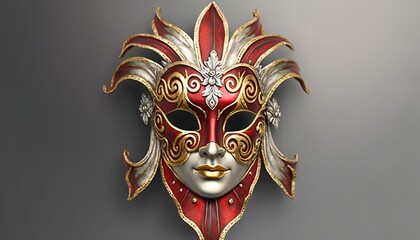  a red and gold mask on a gray background with a white mask on top of the mask and a silver mask on the bottom of the mask.  generative ai