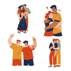 Happy People Characters Hugging Feeling Love and Positive Emotion Vector Set