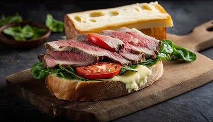  a sandwich with meat, cheese, tomatoes and lettuce on a wooden cutting board with a knife and a bowl of bread in the background.  generative ai
