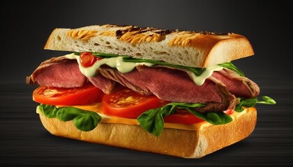  a sandwich with meat, cheese, tomatoes, and lettuce on a black background with a black background and a black background with a black backdrop.  generative ai